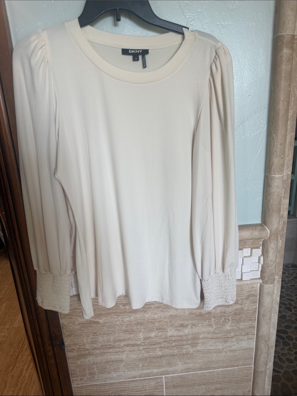 DKNY Cream Long Sleeve Smocked Cuff Puff Shoulder Blouse